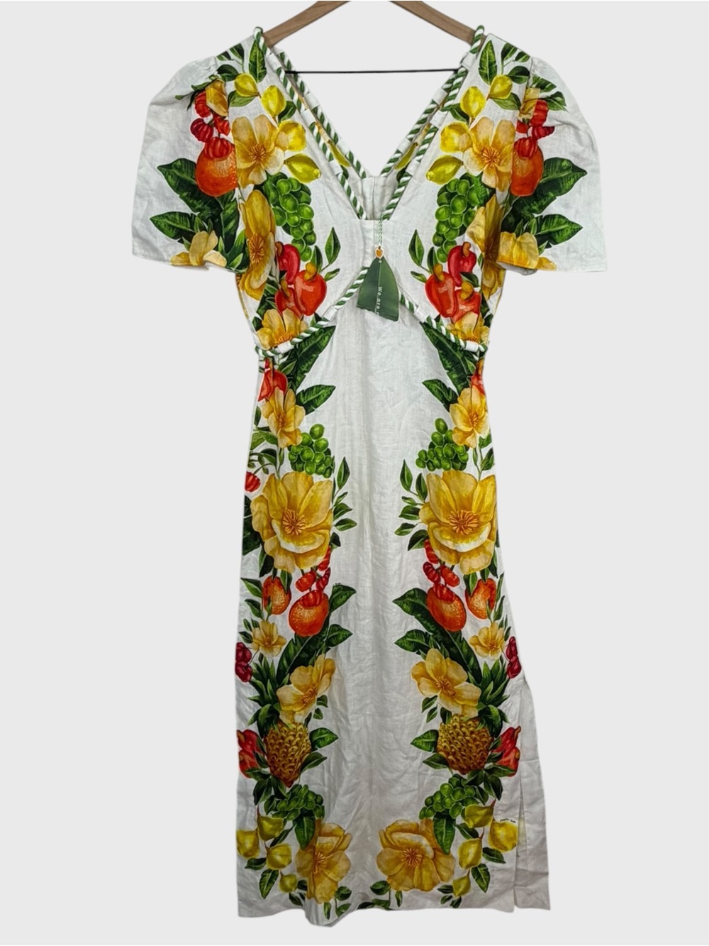 Farm Rio NWT White Multicolor Floral Fruit Linen Long Dress Size Large - Picture 3 of 13